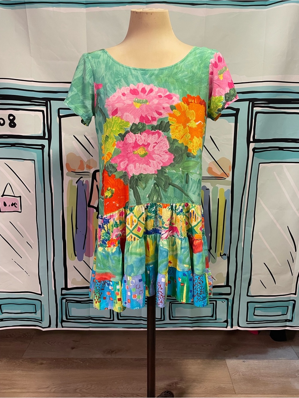 Jams World ladies Floral Tiered Dress in Teal, Pink and Orange